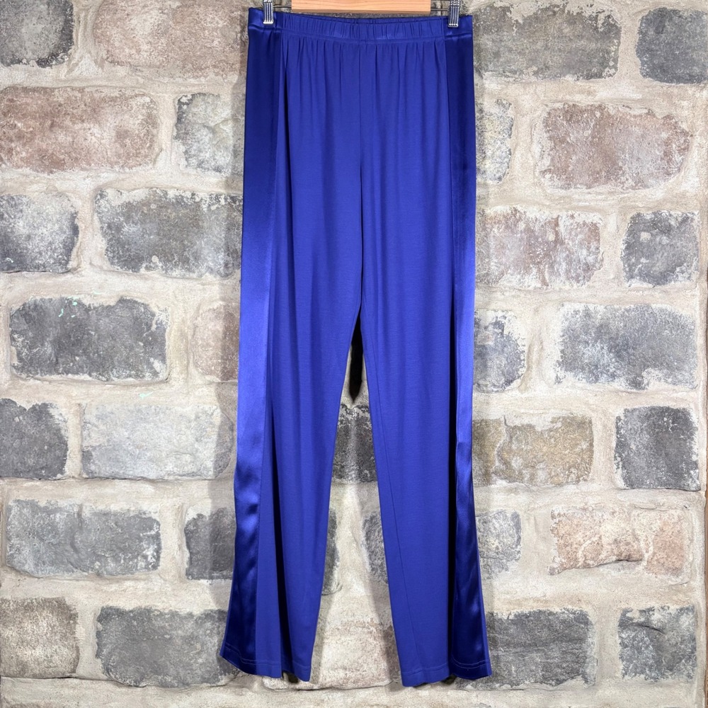 ST JOHN Women's Blue Side Panel Satin Trim Pants Pull‎ On Size Small Lightweight